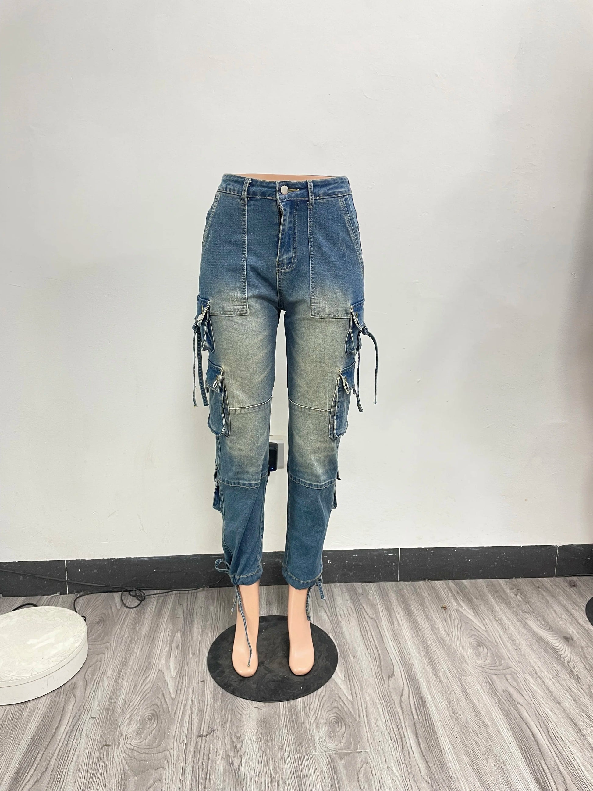 L059 Retro Low-Rise Zipper Cargo Stretch Jeans Washed Distressed Casual Style Denim Cotton Polyester Skinny Fit Colored Waist