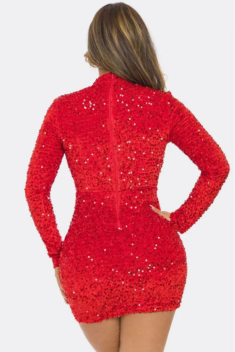 L27935 2024 Solid Sequins O-neck Long Sleeve Sexy Celebrity Party Mini Dress