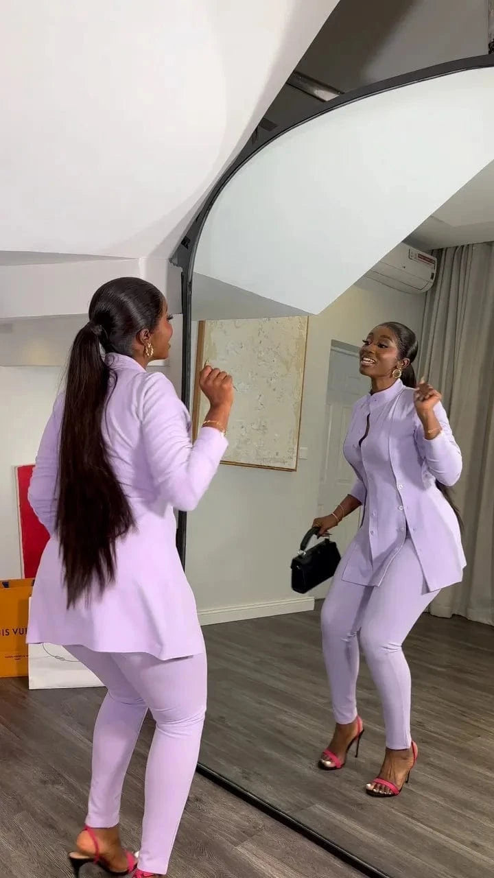 L28530 Casual Celebrities Simplicity Buttons Slit Solid Color Shirt Collar Long Sleeve Two Pieces