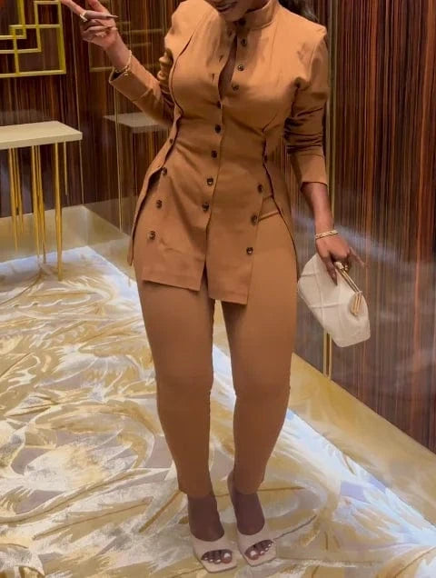 L28530 Casual Celebrities Simplicity Buttons Slit Solid Color Shirt Collar Long Sleeve Two Pieces