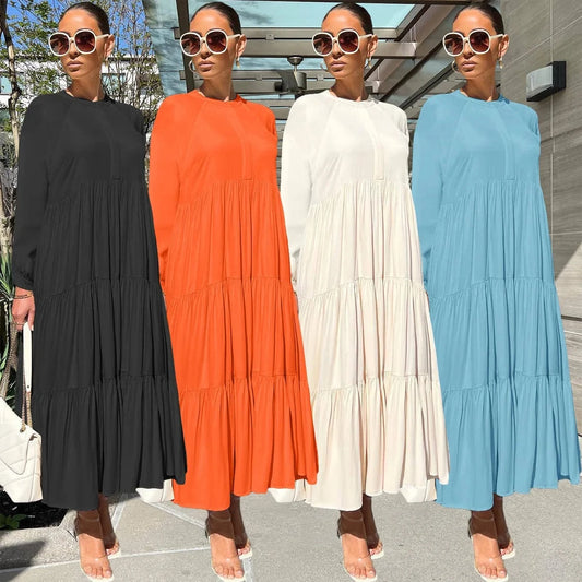 L342 Fashionable Solid Color Maxi Dress Autumn Winter Leisure Long Sleeve Loose Long Dress Women Pleated Dress