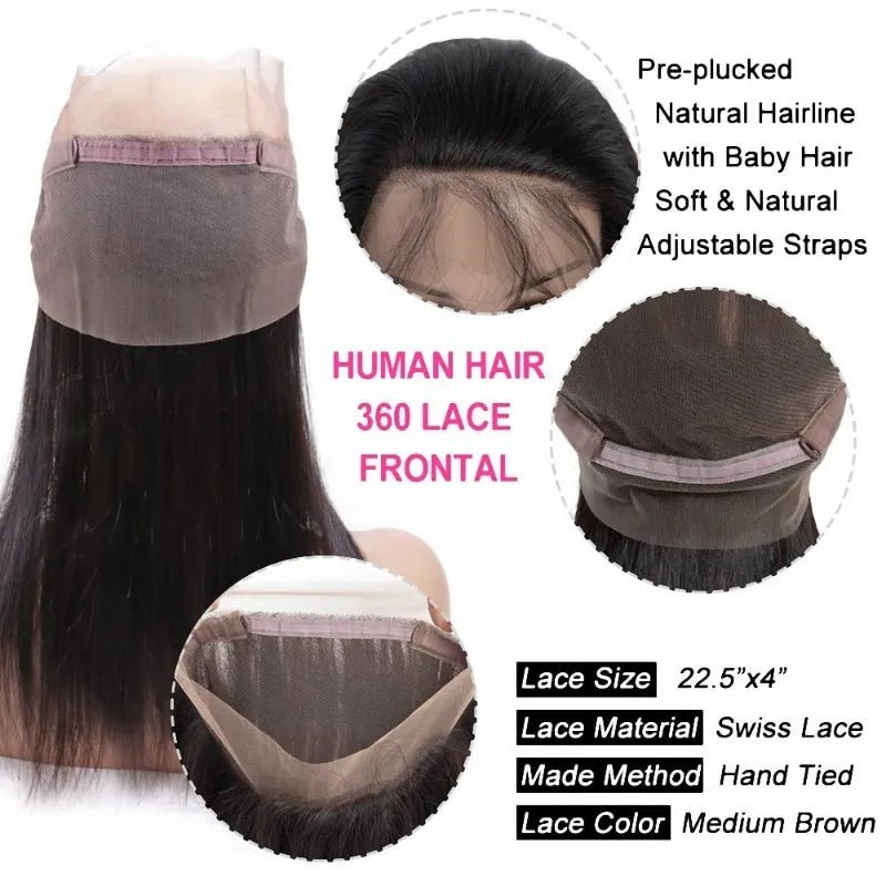 Lace Closure Hair Extensions + 360 Lace Front + Virgin Remy Brazilian Natural Color Straight Look - SN Wigs & More