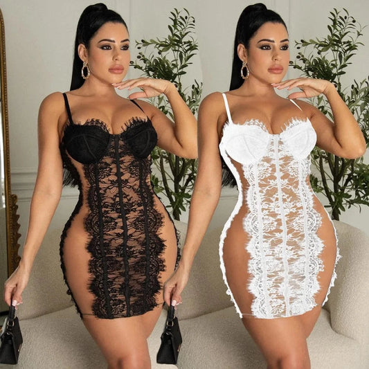 Lace Nude Party Club Dress Ladies Solid Color Summer Vacation Slip Dress Shaper Night Mini Club Dress for Woman