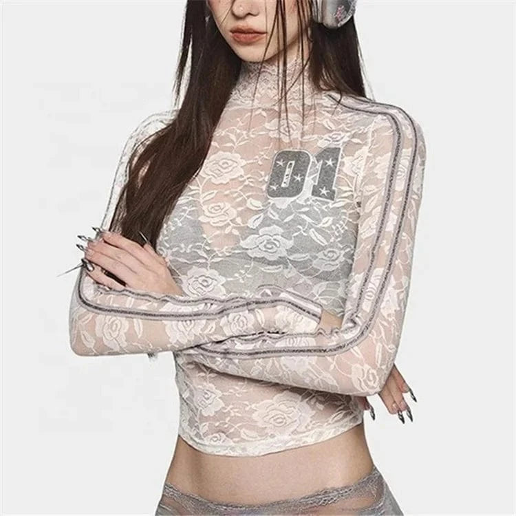 Lace O-neck Mesh Sheer Long Sleeve Crop Top Bow Back Bandage Knitted Mini Skirts 2024 Evening Party Women 2 Piece Sets