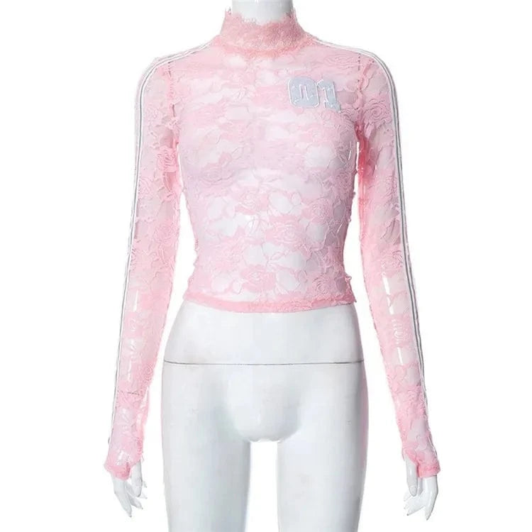 Lace O-neck Mesh Sheer Long Sleeve Crop Top Bow Back Bandage Knitted Mini Skirts 2024 Evening Party Women 2 Piece Sets