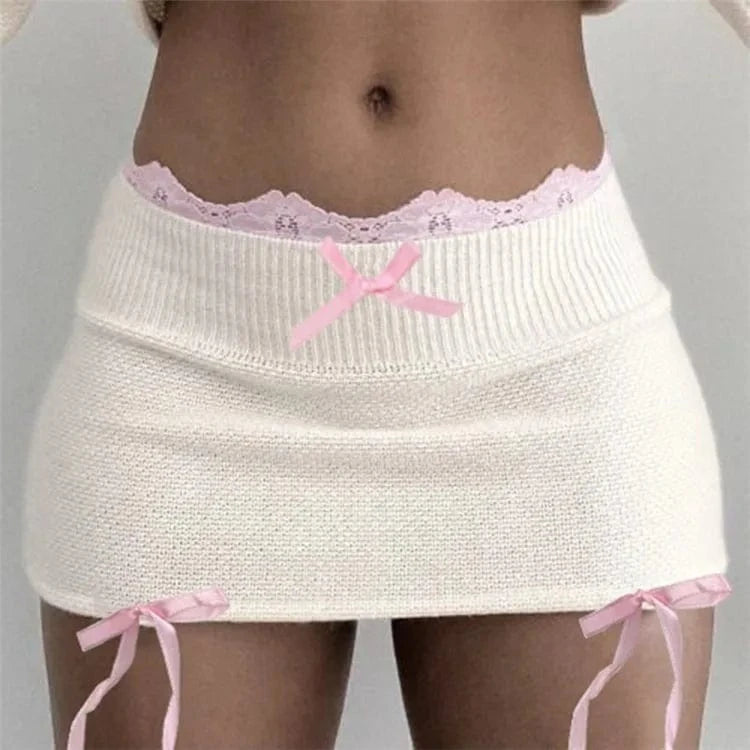 Lace O-neck Mesh Sheer Long Sleeve Crop Top Bow Back Bandage Knitted Mini Skirts 2024 Evening Party Women 2 Piece Sets