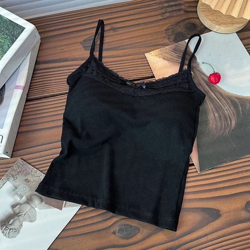 Lace Patchwork Sweet Straps Tank Top Women Bow Basic Underwear 2024 Spring Summer Outwear Camis Female Beauty Back Bras