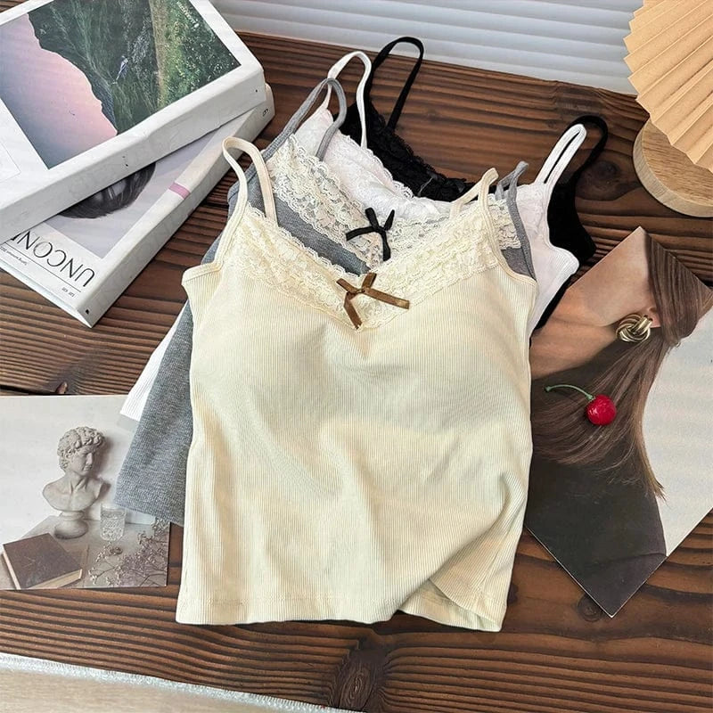 Lace Patchwork Sweet Straps Tank Top Women Bow Basic Underwear 2024 Spring Summer Outwear Camis Female Beauty Back Bras