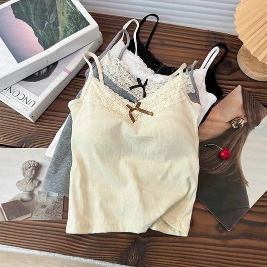 Lace Patchwork Sweet Straps Tank Top Women Bow Basic Underwear 2024 Spring Summer Outwear Camis Female Beauty Back Bras