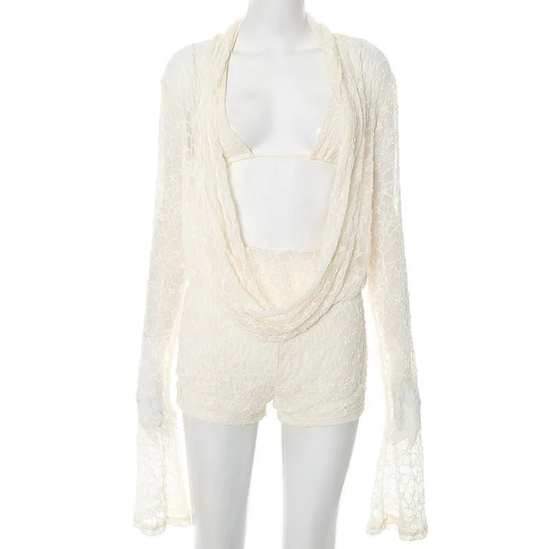 Lace Two Piece Set See - Through Long Sleeve Top And Shorts - Elegant Everyday Style - SN Wigs & More
