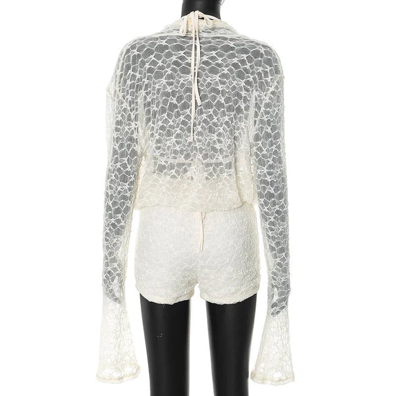 Lace Two Piece Set See - Through Long Sleeve Top And Shorts - Elegant Everyday Style - SN Wigs & More