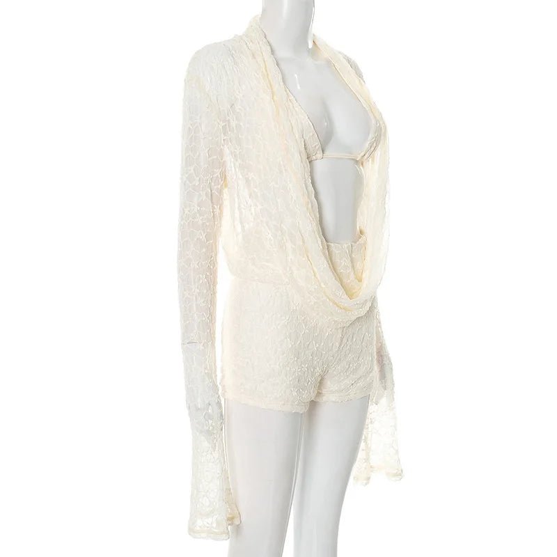 Lace Two Piece Set See - Through Long Sleeve Top And Shorts - Elegant Everyday Style - SN Wigs & More