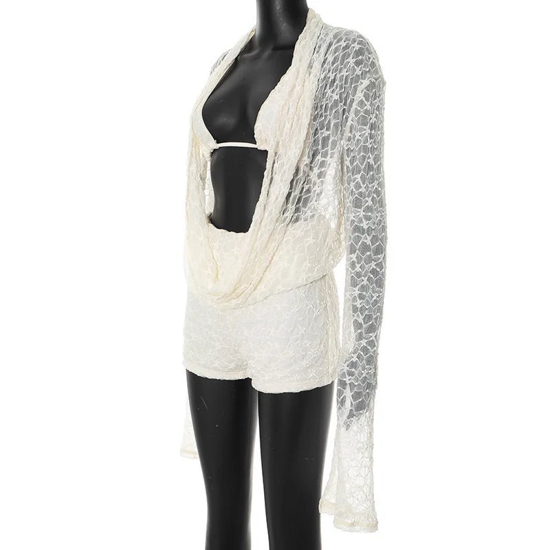 Lace Two Piece Set See - Through Long Sleeve Top And Shorts - Elegant Everyday Style - SN Wigs & More