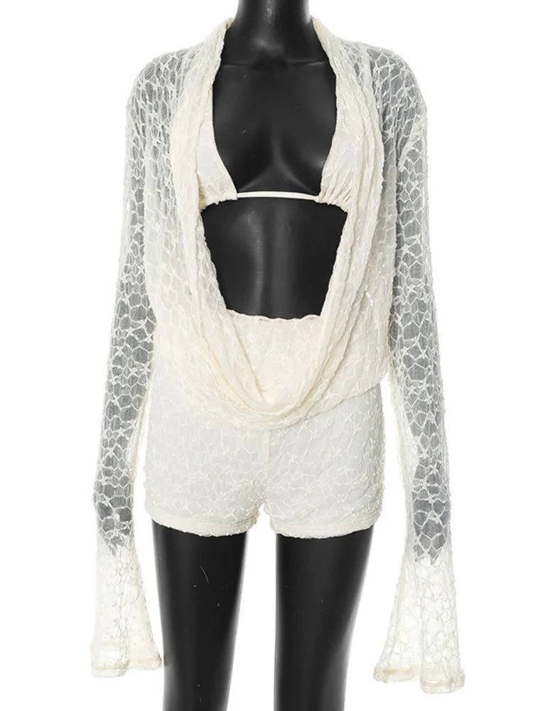 Lace Two Piece Set See - Through Long Sleeve Top And Shorts - Elegant Everyday Style - SN Wigs & More