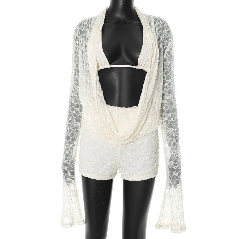 Lace Two Piece Set See - Through Long Sleeve Top And Shorts - Elegant Everyday Style - SN Wigs & More