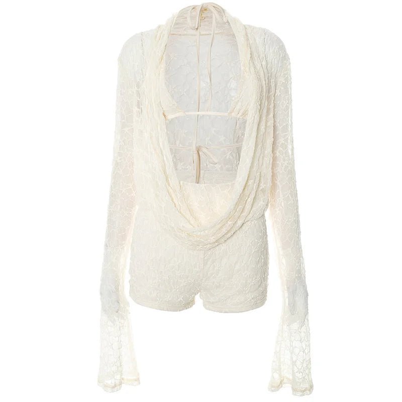 Lace Two Piece Set See - Through Long Sleeve Top And Shorts - Elegant Everyday Style - SN Wigs & More