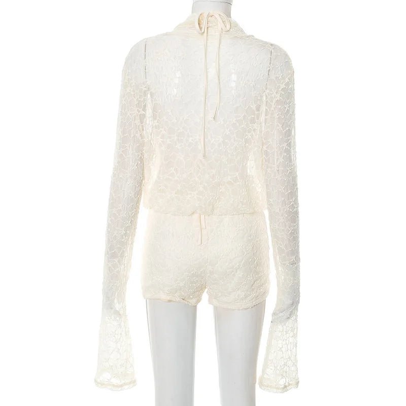 Lace Two Piece Set See - Through Long Sleeve Top And Shorts - Elegant Everyday Style - SN Wigs & More