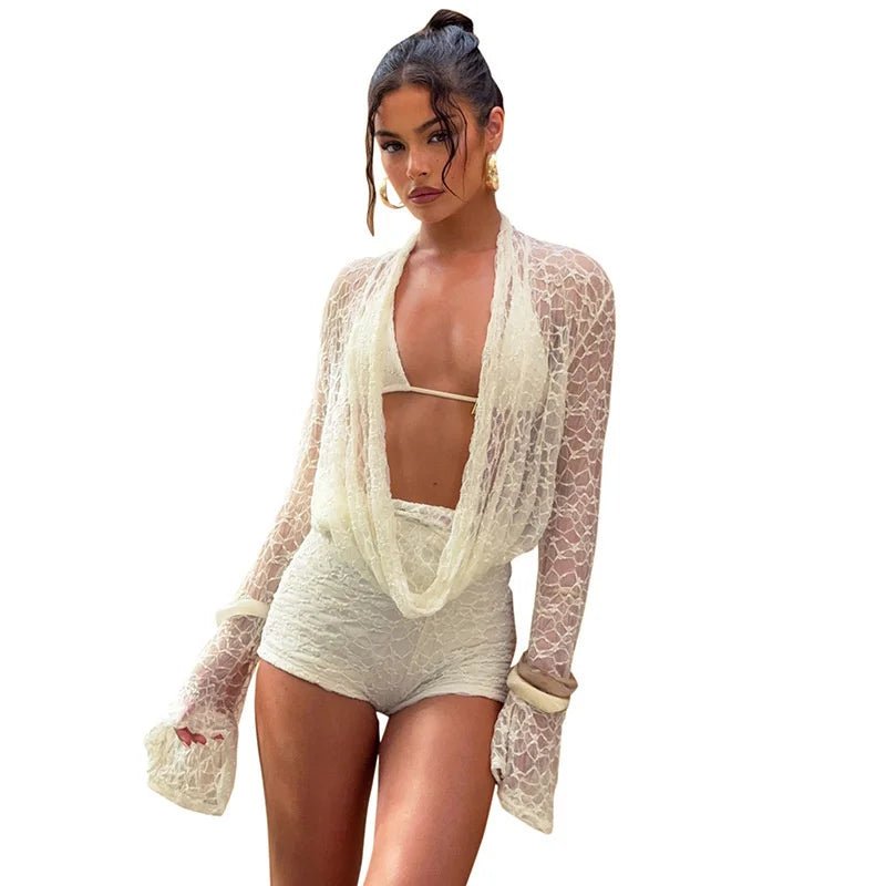 Lace Two Piece Set See - Through Long Sleeve Top And Shorts - Elegant Everyday Style - SN Wigs & More