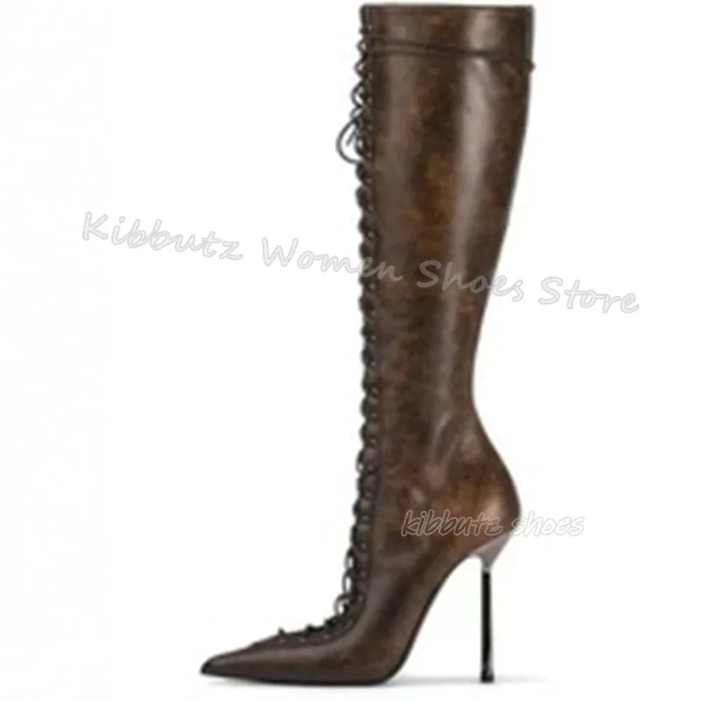 Lace-Up Hollow Knee High Boots Luxury Leather Solid Color Elegant Concise Fashion Sexy Pointed Toe Metal Thin Heels Women Shoes