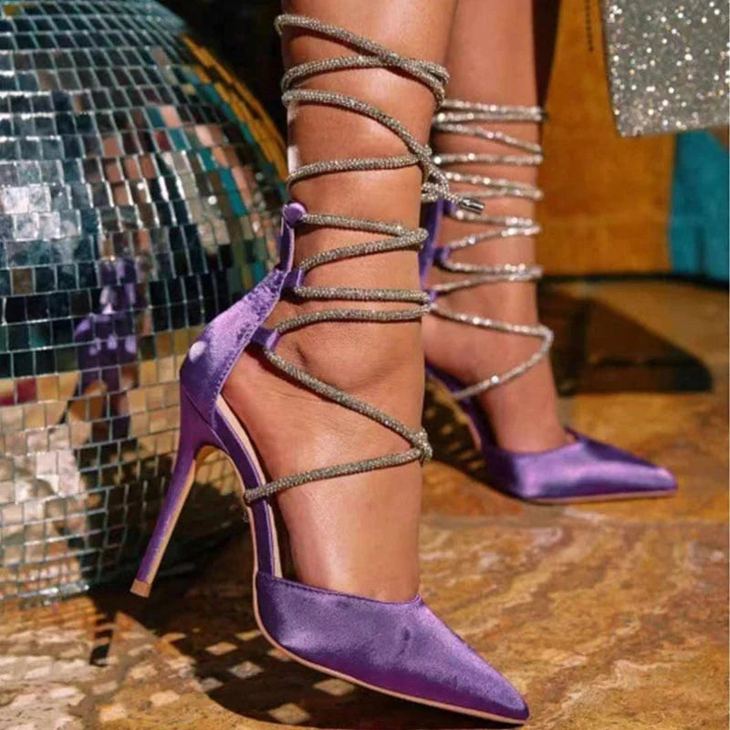 Lace-Up Shiny Silk High Quality Women's High Heels Rhinestone High Heels And Sandals Women's Shoes Shiny