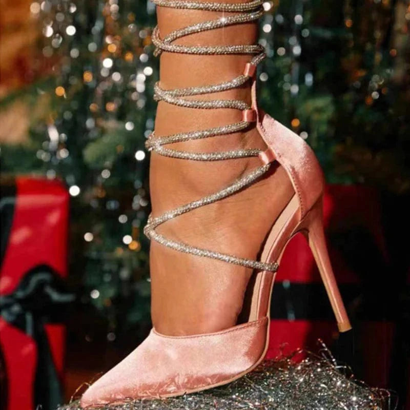 Lace-Up Shiny Silk High Quality Women's High Heels Rhinestone High Heels And Sandals Women's Shoes Shiny