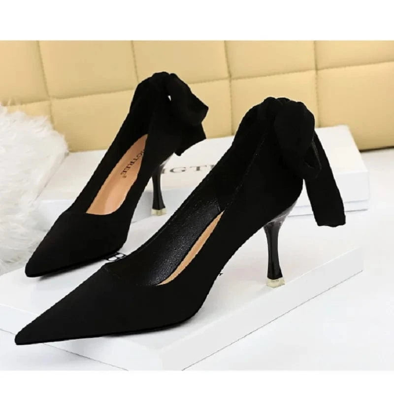 Ladies Autumn High-Heeled Pumps Fashion Women's Shoes Stiletto Shallow Mouth Pointed Toe Back Butterfly-Knot Female Shoes
