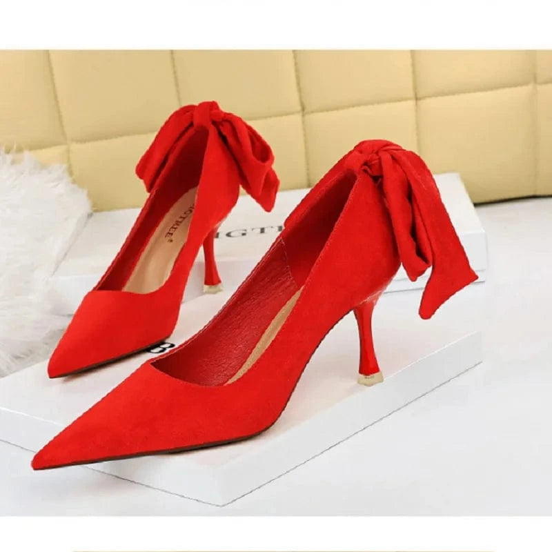 Ladies Autumn High-Heeled Pumps Fashion Women's Shoes Stiletto Shallow Mouth Pointed Toe Back Butterfly-Knot Female Shoes