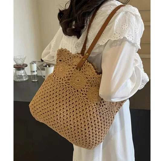 Ladies Beach Leisure Shoulder Bags Women's Summer Artistic Weaving Crochet Tote Handbags Female Retro Hollow Solid Crossbody Bag