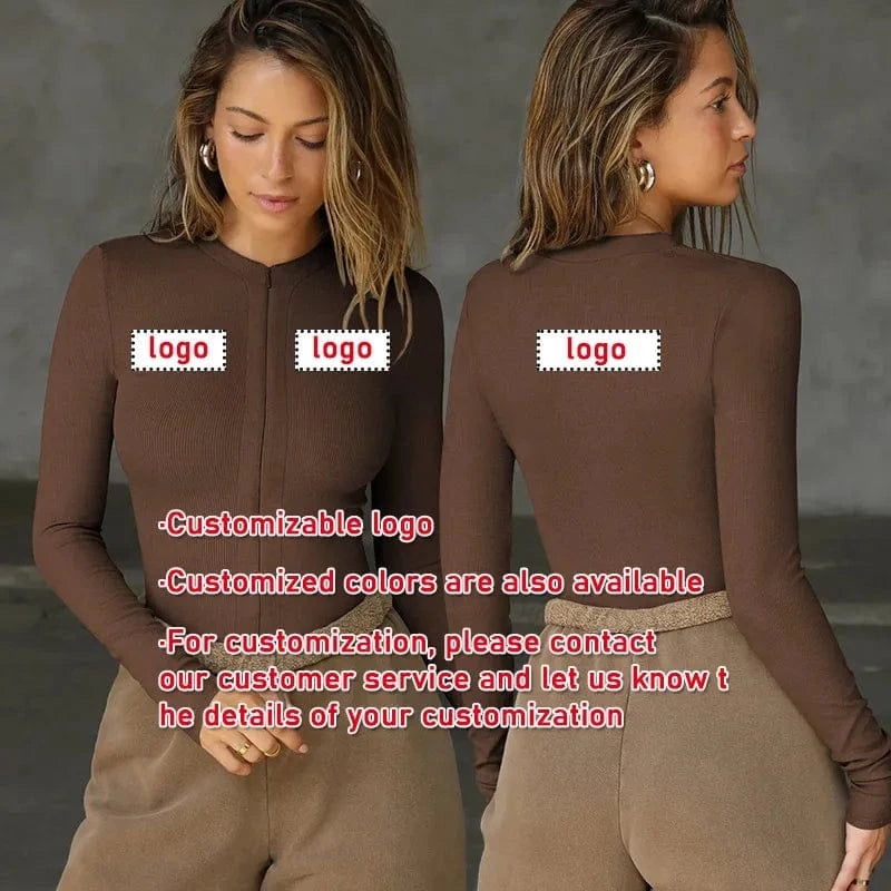 Ladies Casual Jumpsuits Ribbed Long Sleeve Sexy Round Neck Deep V Zip Up Tops Bodysuits For Women