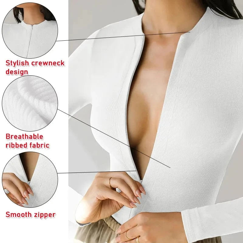 Ladies Casual Jumpsuits Ribbed Long Sleeve Sexy Round Neck Deep V Zip Up Tops Bodysuits For Women