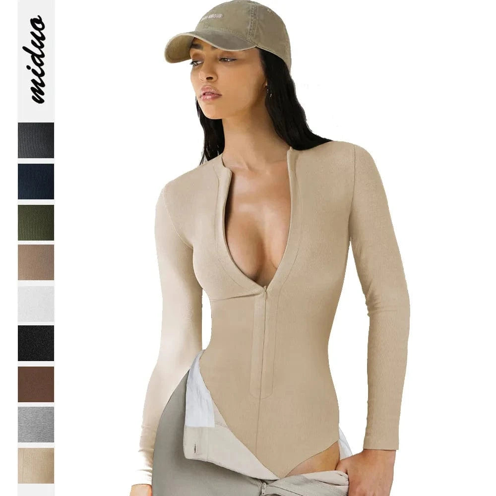 Ladies Casual Jumpsuits Ribbed Long Sleeve Sexy Round Neck Deep V Zip Up Tops Bodysuits For Women