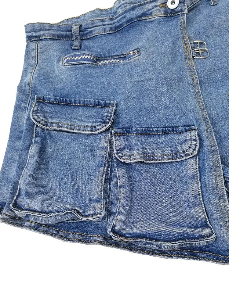 Ladies Elastic Jean Cargo Shorts Trending Summer Street Wear Woman Jeans Skorts Stylish Lace Up Denim Cargo skort for women
