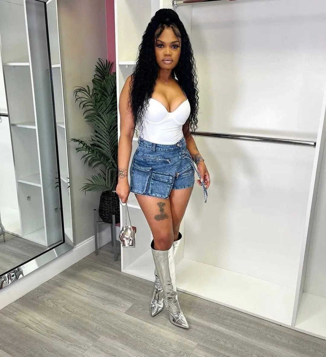 Ladies Elastic Jean Cargo Shorts Trending Summer Street Wear Woman Jeans Skorts Stylish Lace Up Denim Cargo skort for women