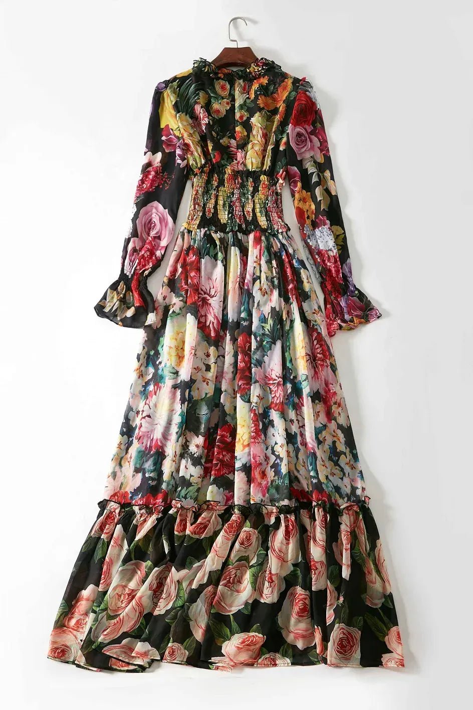 Ladies Elegant Floral Print Long Sleeve Dress Summer Beach Chiffon Ruffled Collar Dress Elegant Elasticity Waist A - Line Sundress - SN Wigs & More