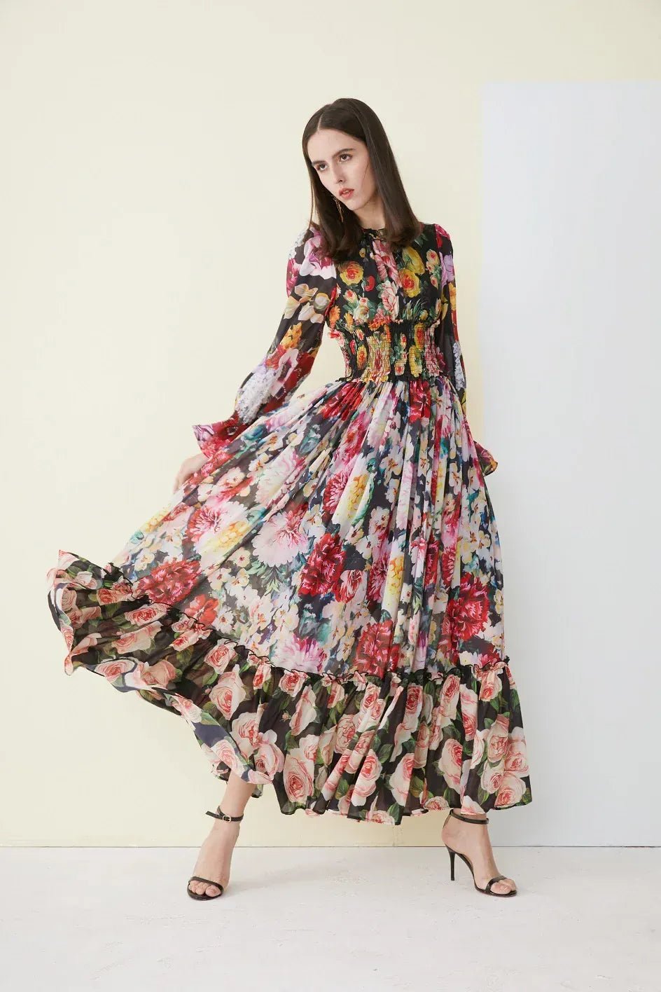 Ladies Elegant Floral Print Long Sleeve Dress Summer Beach Chiffon Ruffled Collar Dress Elegant Elasticity Waist A - Line Sundress - SN Wigs & More