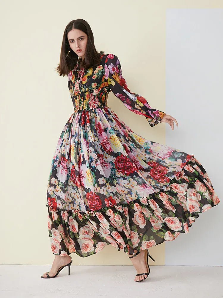 Ladies Elegant Floral Print Long Sleeve Dress Summer Beach Chiffon Ruffled Collar Dress Elegant Elasticity Waist A - Line Sundress - SN Wigs & More