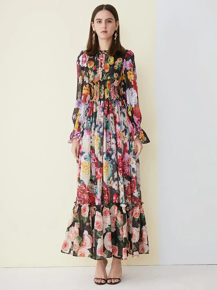 Ladies Elegant Floral Print Long Sleeve Dress Summer Beach Chiffon Ruffled Collar Dress Elegant Elasticity Waist A - Line Sundress - SN Wigs & More