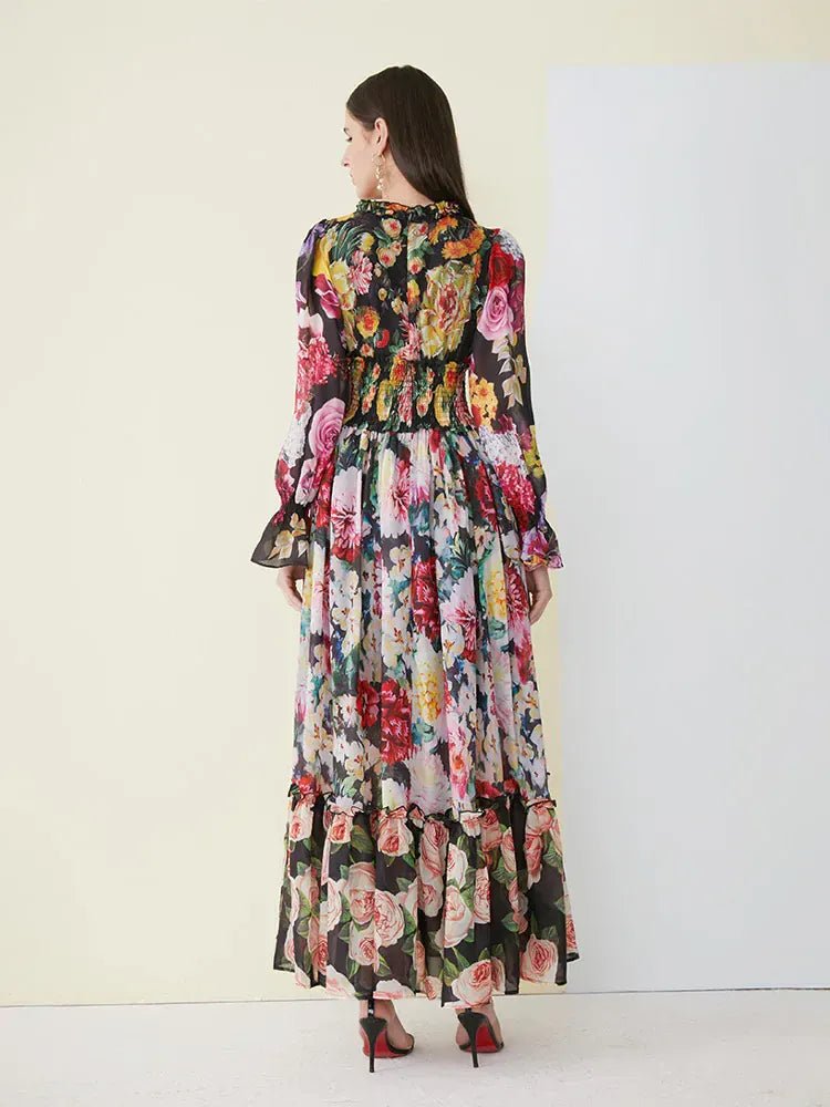 Ladies Elegant Floral Print Long Sleeve Dress Summer Beach Chiffon Ruffled Collar Dress Elegant Elasticity Waist A - Line Sundress - SN Wigs & More