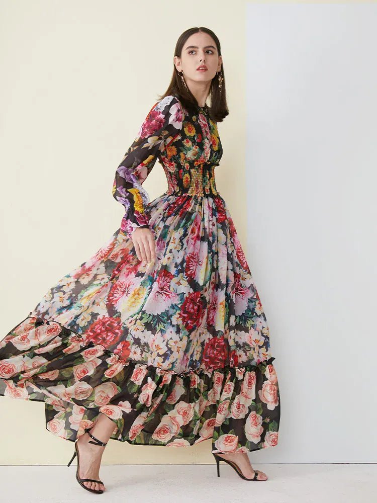 Ladies Elegant Floral Print Long Sleeve Dress Summer Beach Chiffon Ruffled Collar Dress Elegant Elasticity Waist A - Line Sundress - SN Wigs & More