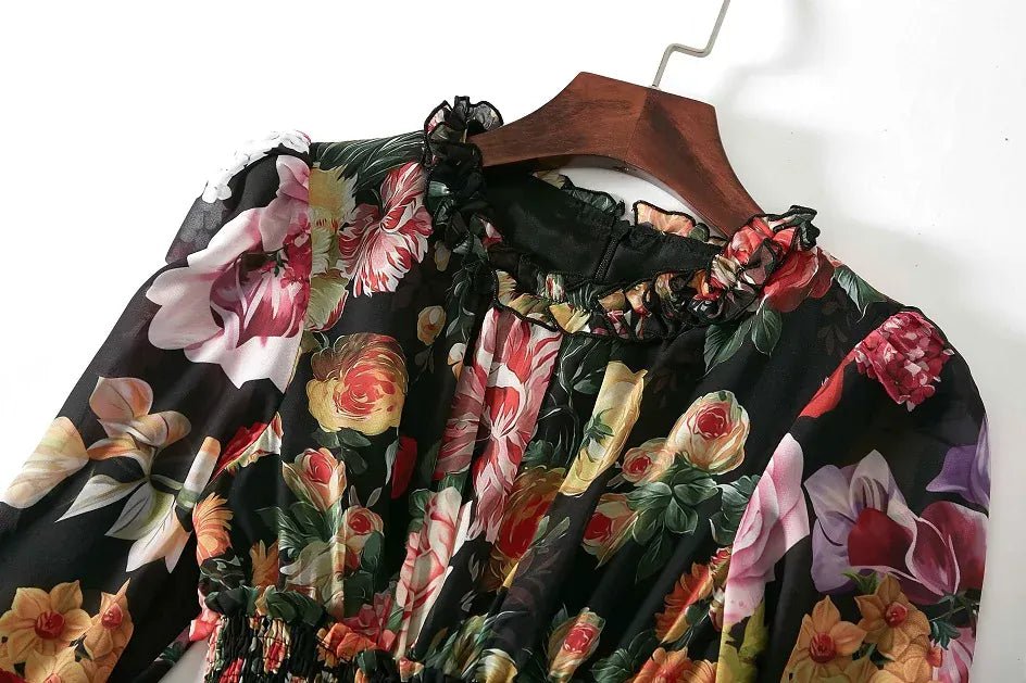 Ladies Elegant Floral Print Long Sleeve Dress Summer Beach Chiffon Ruffled Collar Dress Elegant Elasticity Waist A - Line Sundress - SN Wigs & More