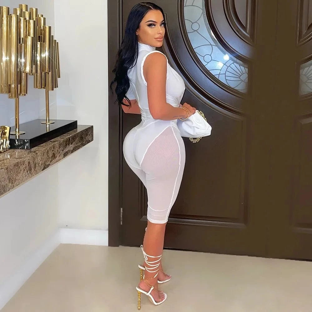 Ladies Jumpsuits Mesh Rompers Women Solid See Through Rompers Sleeveless Short One Piece Jumpsuit for Women