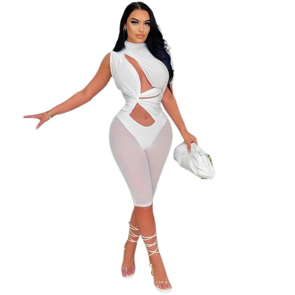 Ladies Jumpsuits Mesh Rompers Women Solid See Through Rompers Sleeveless Short One Piece Jumpsuit for Women