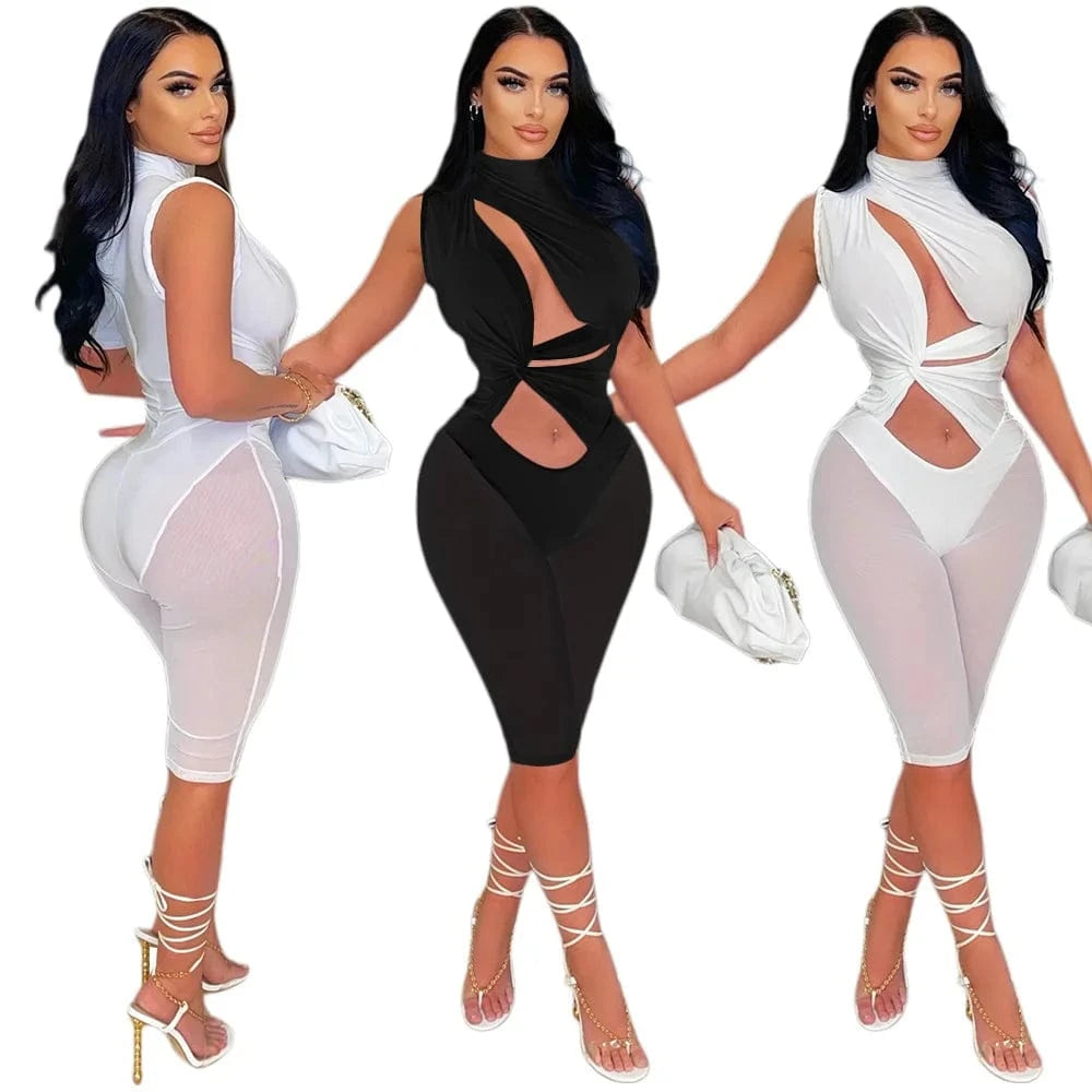 Ladies Jumpsuits Mesh Rompers Women Solid See Through Rompers Sleeveless Short One Piece Jumpsuit for Women