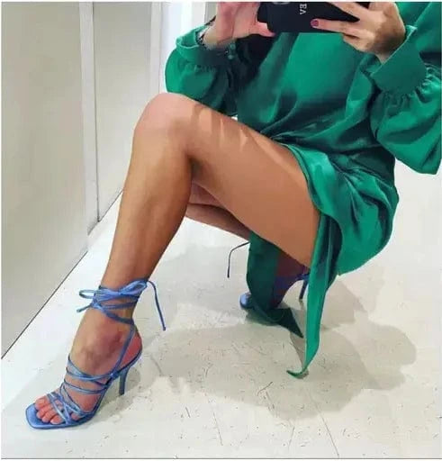 Ladies Lace Up Ins Style Super High Heel Sandals for Women and Ladies Square-toe Solid Color Stilettos Sandals