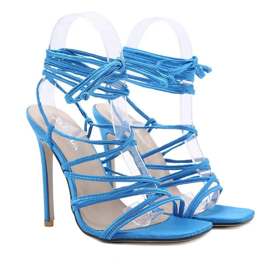 Ladies Lace Up Ins Style Super High Heel Sandals for Women and Ladies Square-toe Solid Color Stilettos Sandals