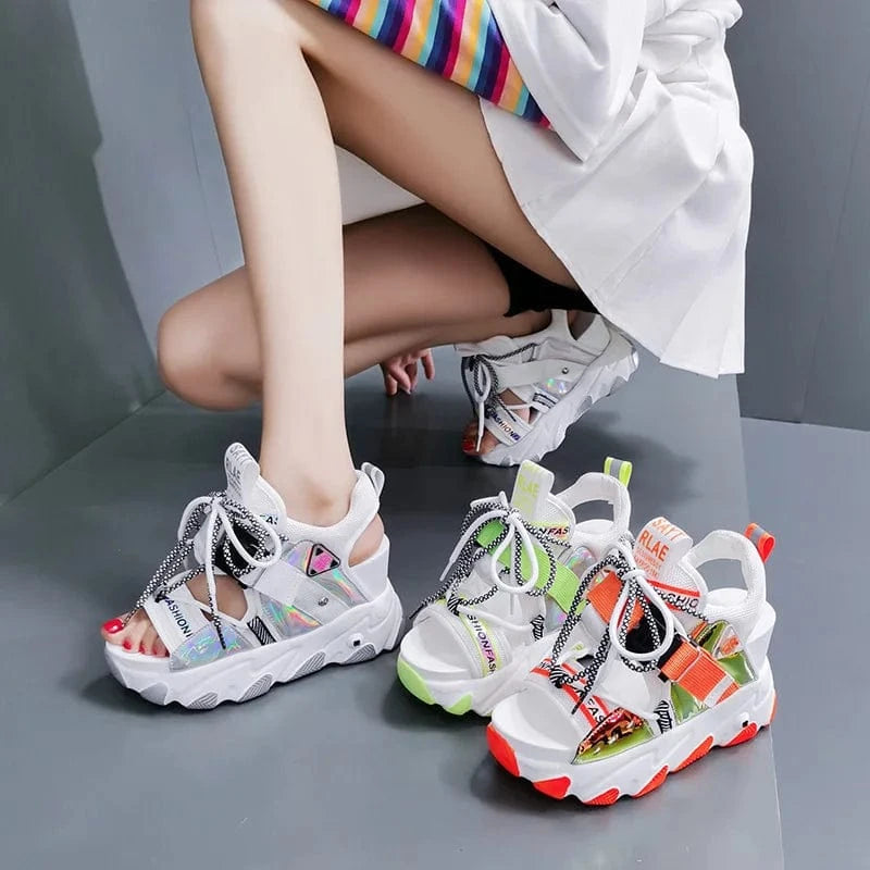 Ladies Platform Female peep toe Sport High Heeled Sandals Summer Beach Beautiful buckle strap Pu sponge cake sole Wedge Sandals