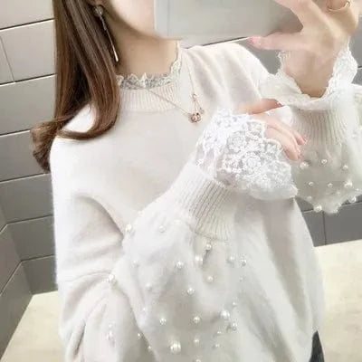 Ladies Red Lace Sweater Women Autumn Clothing 2024