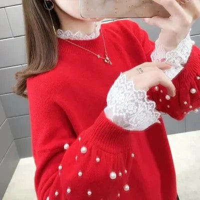 Ladies Red Lace Sweater Women Autumn Clothing 2024