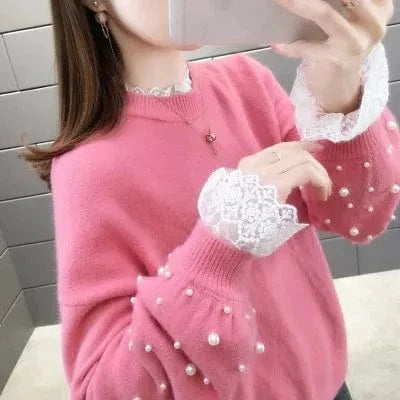 Ladies Red Lace Sweater Women Autumn Clothing 2024
