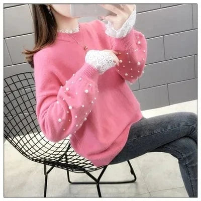 Ladies Red Lace Sweater Women Autumn Clothing 2024